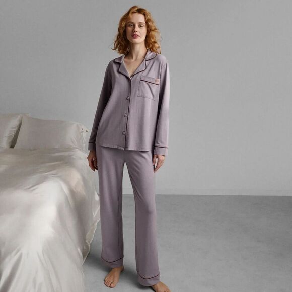 New Lunya Slumberknit Essential Button Down Pant Set /Pajamas  Medium Burgundy - Picture 1 of 10